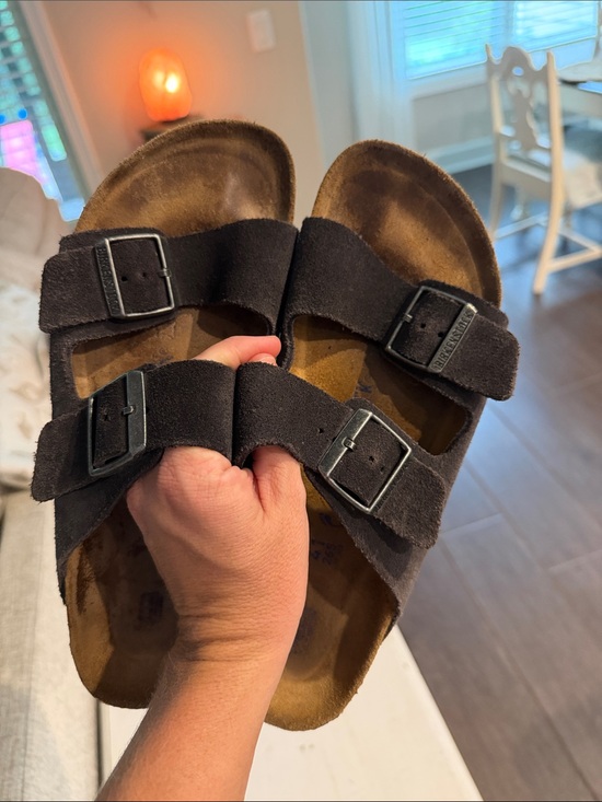 Birkenstock Shoes - Birkenstock Two-Strap Suede Slides in Dark Brown